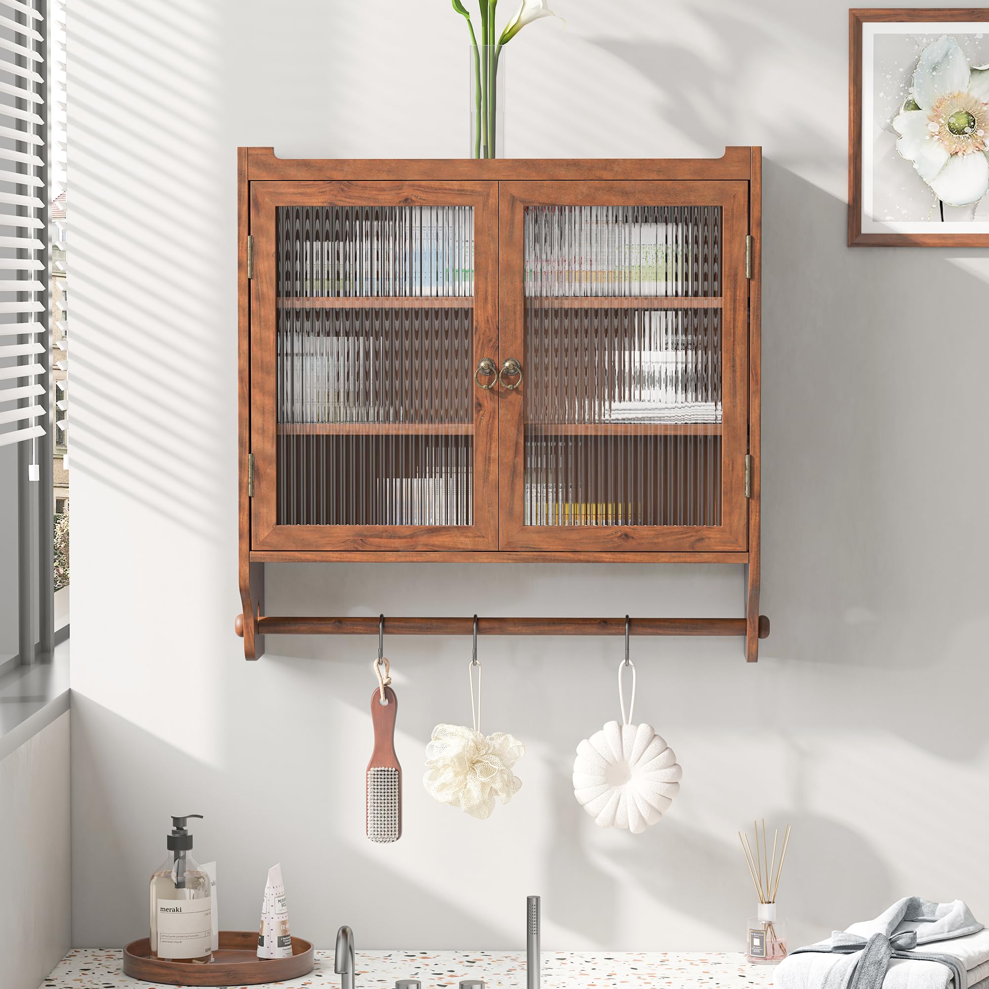 Qiaoxuan Bathroom Wall Cabinet, Over The Toilet Storage Cabinet, Medicine Cabinet with Towel Rack and Removable Shelves, Hanging Bathroom Storage Cabinet (Brown)