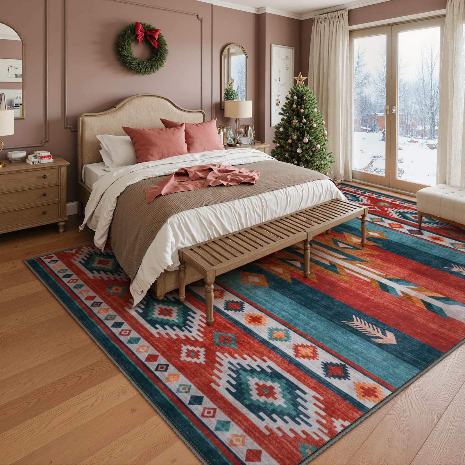 LIVEBOX Washable Native American Christmas Rug 8x10 - Soft Western Rugs for Living Room Thin Non-Slip Rug for Bedroom, Throw Carpet Southwestern Large Rugs for Living Room,(8 x 10 ft, Red Multi)