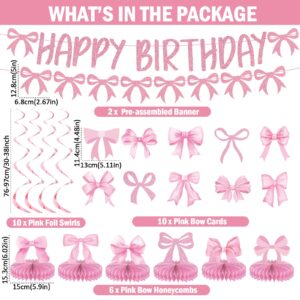 39PCS Pink Bow Birthday Party Decorations Set Girl Bow Banner Hanging Swirls and Honeycomb Centerpieces Pink Bow Banner for Girl Bachelorette Bridal Engagement Baby Shower Coquette Cute Party Supplies