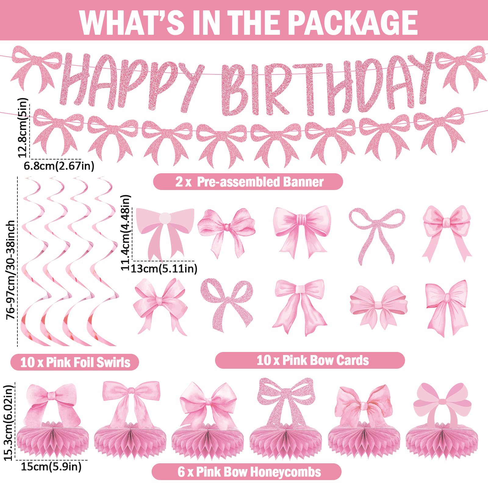 39PCS Pink Bow Birthday Party Decorations Set Girl Bow Banner Hanging Swirls and Honeycomb Centerpieces Pink Bow Banner for Girl Bachelorette Bridal Engagement Baby Shower Coquette Cute Party Supplies