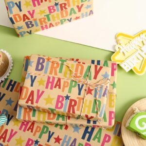 WRAPAHOLIC Kraft Birthday Wrapping Paper Sheet - 6 Sheets Colorful Happy Birthday Design Folded Flat for Birthday, Baby Shower, Party, Holiday - 19.7 Inch x 27.5 Inch Per Sheet