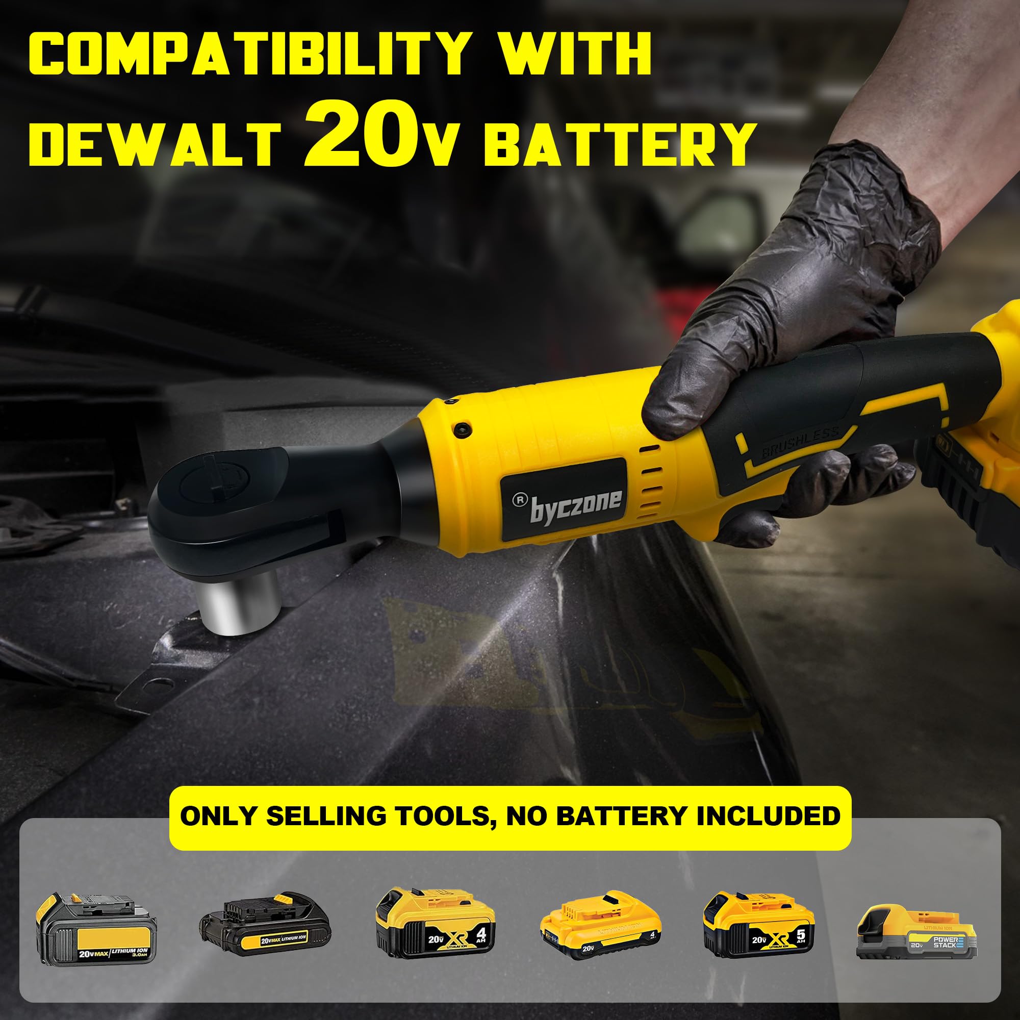 3/8" Brushless Ratchet Wrench Compatible with DEWALT 20V Battery, 74Ft-Lbs Electric Cordless Ratchet, Square Drive Wrench with Variable Speed, 1/4" Adapter, 3" Extension Bar & 7 Sockets (Tool Only)