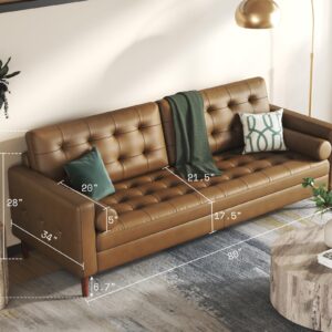 AMERLIFE Genuine Leather Sofa, Mid-Century Modern Leather Couch,3 Seater with Tufted Back, Comfy Sofa for Living Room-Brown Full Grain Leather Couch