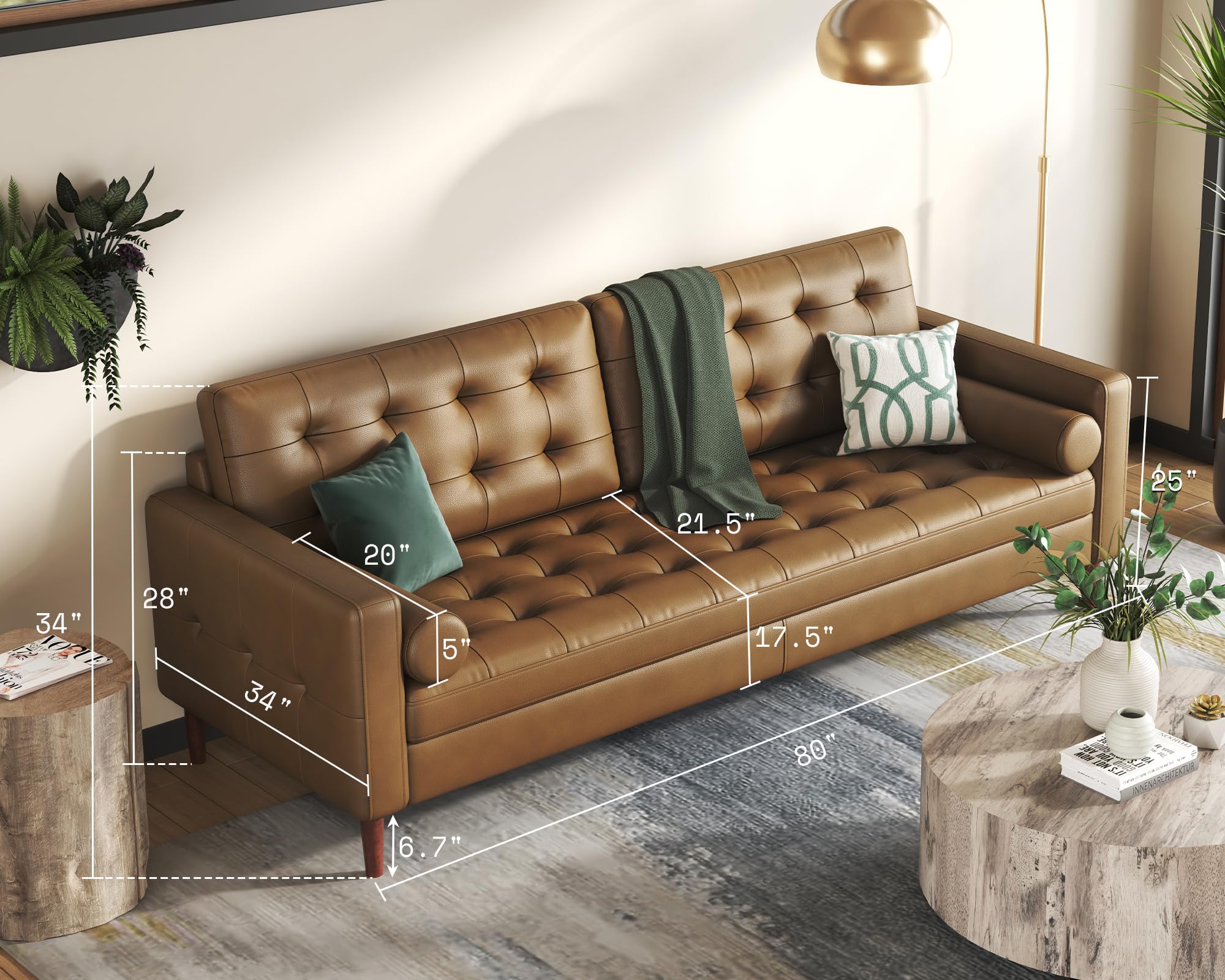 AMERLIFE Genuine Leather Sofa, Mid-Century Modern Leather Couch,3 Seater with Tufted Back, Comfy Sofa for Living Room-Brown Full Grain Leather Couch