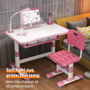 Shulemin Kid Desk and Chair Set Student Desk and Chair Set Study Table for Kids Kids Adjustable Desk Tiltable Desktop Toddlers Writing Table Boys Desk Girl Desk with Extra Large Drawer Pink