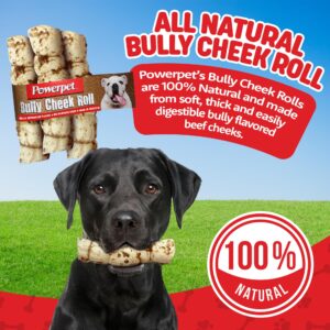 Powerpet Treats Bully Beef Cheek Rolls for Dogs - 100% Natural & Highly Digestible - High Protein, Low Fat - No Rawhide - Soft & Thick Chew Treat - Good Dental Hygiene - Bully Sprinkled Flavor - 3pc