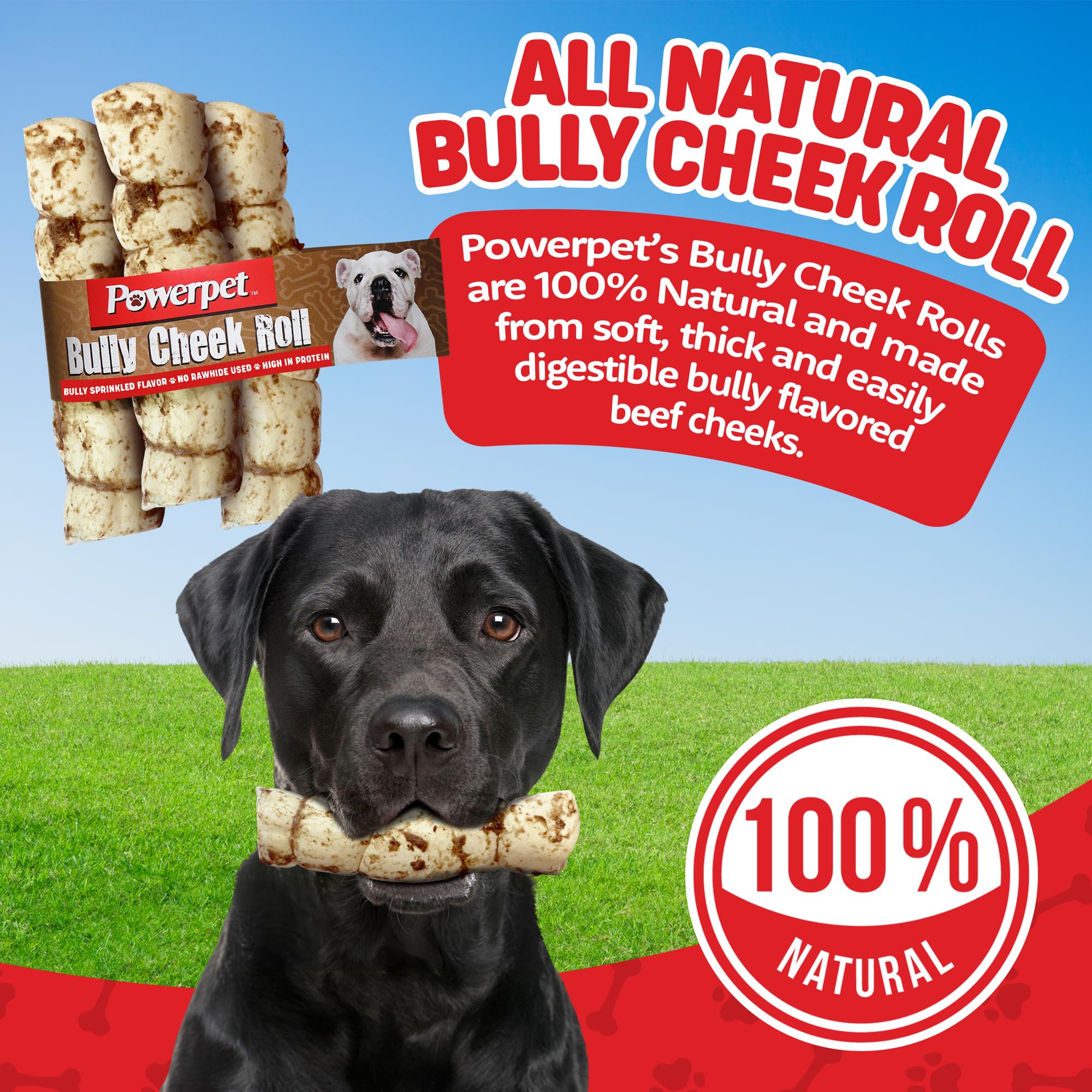 Powerpet Treats Bully Beef Cheek Rolls for Dogs - 100% Natural & Highly Digestible - High Protein, Low Fat - No Rawhide - Soft & Thick Chew Treat - Good Dental Hygiene - Bully Sprinkled Flavor - 3pc