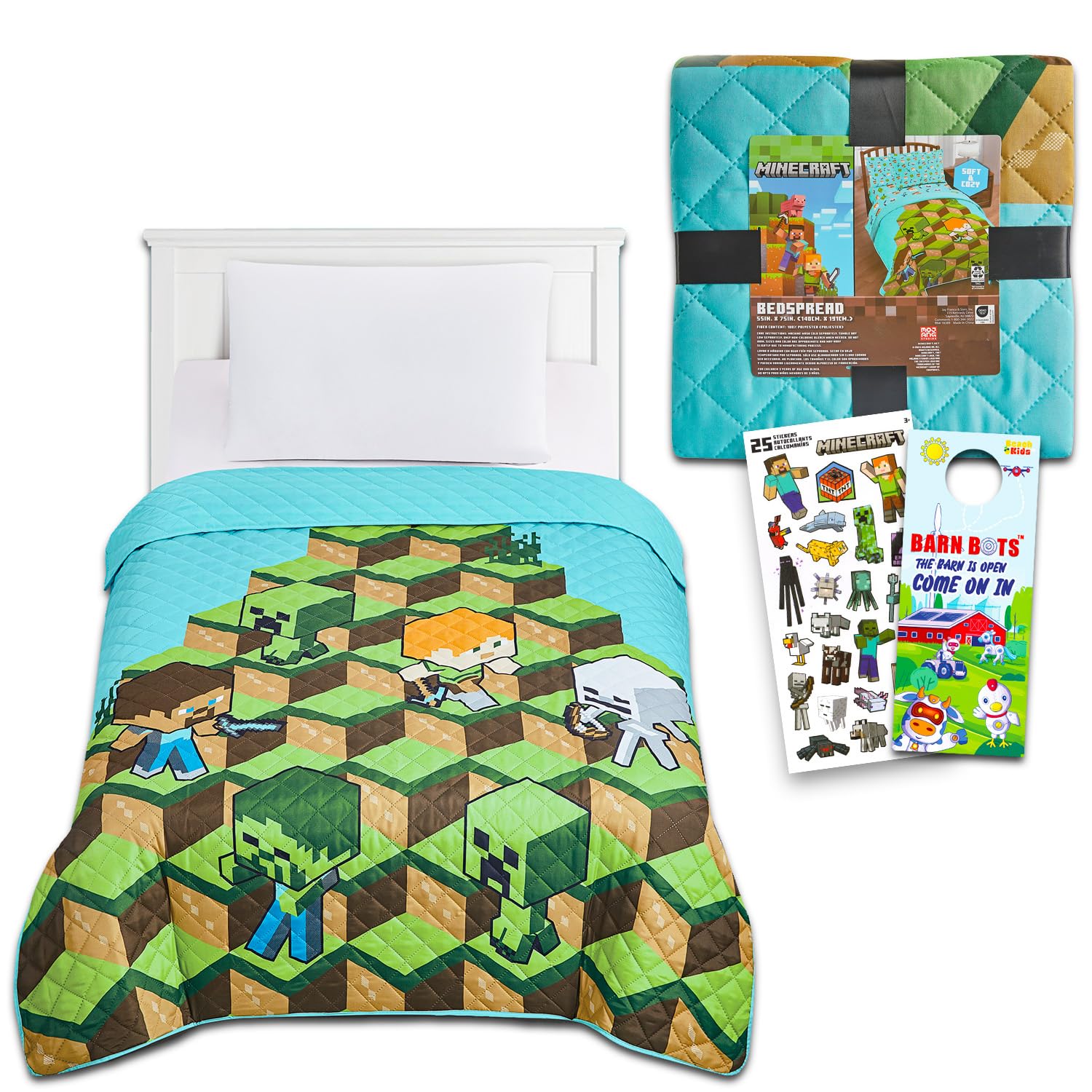 Minecraft Bedspread Twin Set for Kids - Bundle with Minecraft Quilted Bedspread for Twin Bed Plus Stickers, More | Minecraft Twin Bedding Set for Boys