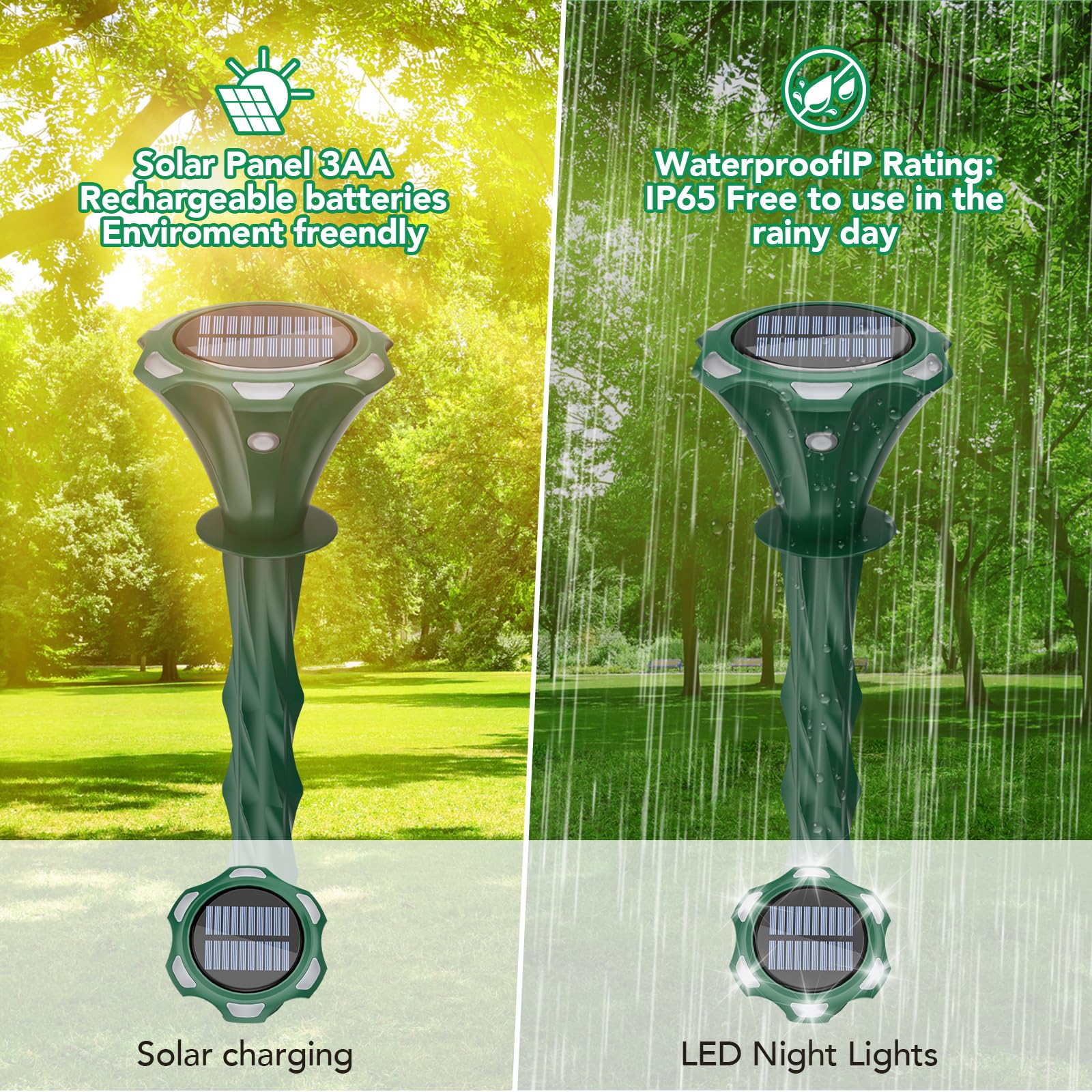 Mole Repeller Solar Powered 2 Pack, Waterproof Motion Detection LED Flash Light, Raccoon Deterrent, Gopher Control Ultrasonic Solar Powered for Yard Garden Lawns Get Rid of Mole, Vole