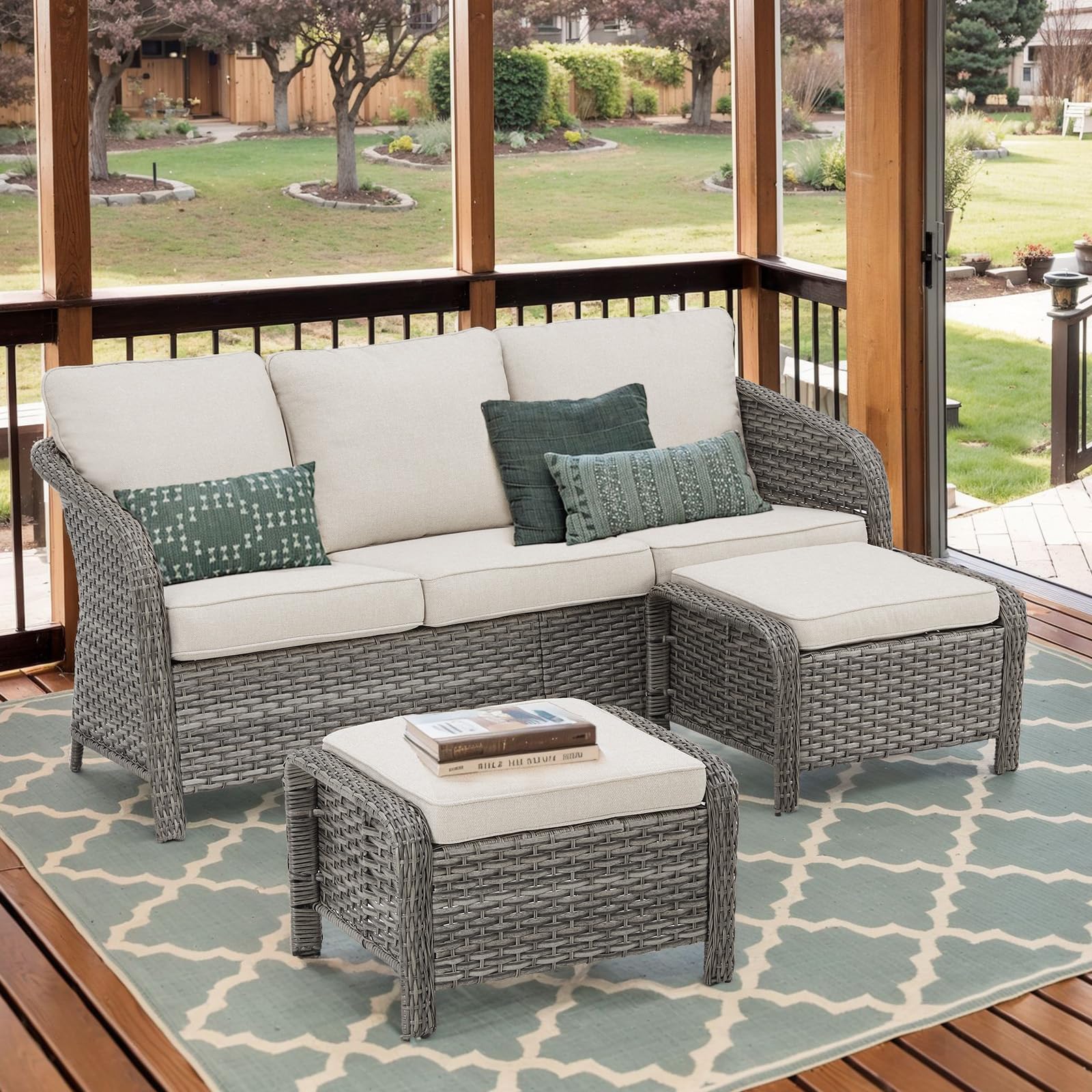 LUMIINOFAMI 3 Piece Patio Couch PE Wicker 3-seat Sofa, 73.6'' Long Outdoor Couch Patio Sofa with 2 Ottoman, Barrel-Shaped Wicker Sofa Outdoor Furniture Rattan Wicker Sofa for Patio Deck Porch