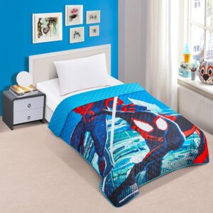 Miles Morales Bedspread Twin Set for Kids - Bundle with Spiderman Quilted Bedspread for Twin Bed Plus Stickers, More | Miles Morales Twin Bedding Set for Boys