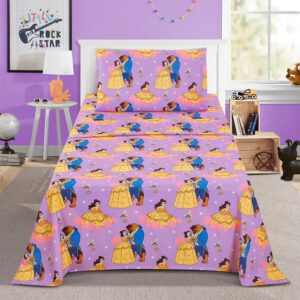 Beauty and The Beast Bedding Twin Bed Set for Girls - Bundle with Belle Bed Sheets with Flat Sheet, Fitted Sheet, Pillowcase, Quilted Bedspread Plus Stickers, More | Beauty and The Beast Sheets Twin