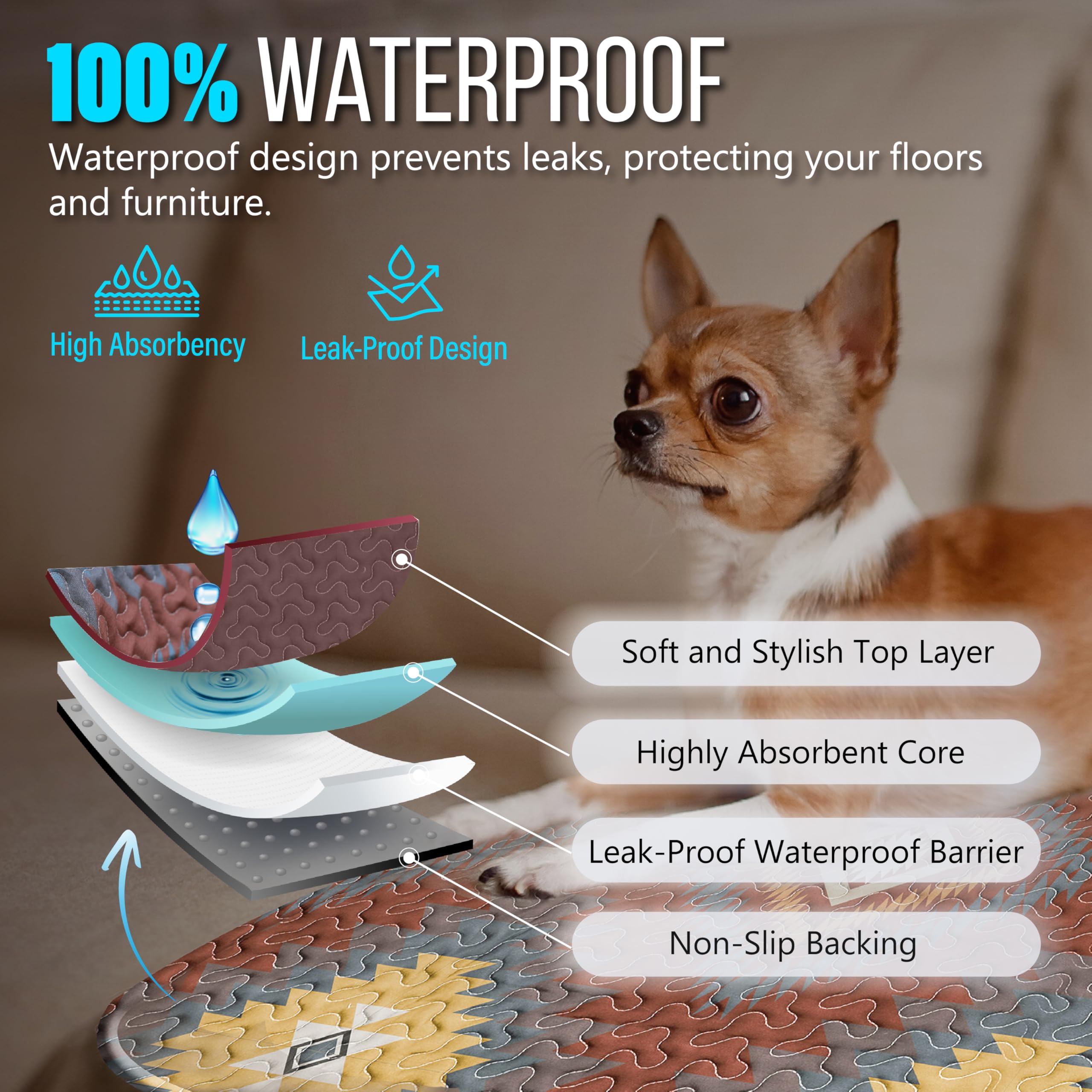 Washable Pee Pads for Dogs, Reusable 24’’x 48’’ Waterproof Boho Mats for Puppy, Guinea Pig, Rabbit,Highly Absorbent,Ultra Soft, Non-Slip,Machine Washable,Stylish Design,Pack of 2, Red-Brown