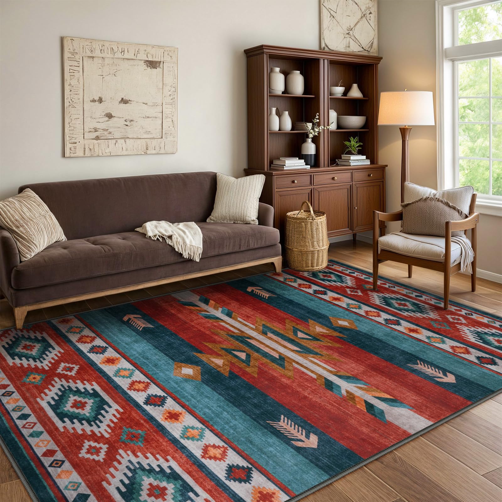 LIVEBOX Washable Native American Christmas Rug 8x10 - Soft Western Rugs for Living Room Thin Non-Slip Rug for Bedroom, Throw Carpet Southwestern Large Rugs for Living Room,(8 x 10 ft, Red Multi)