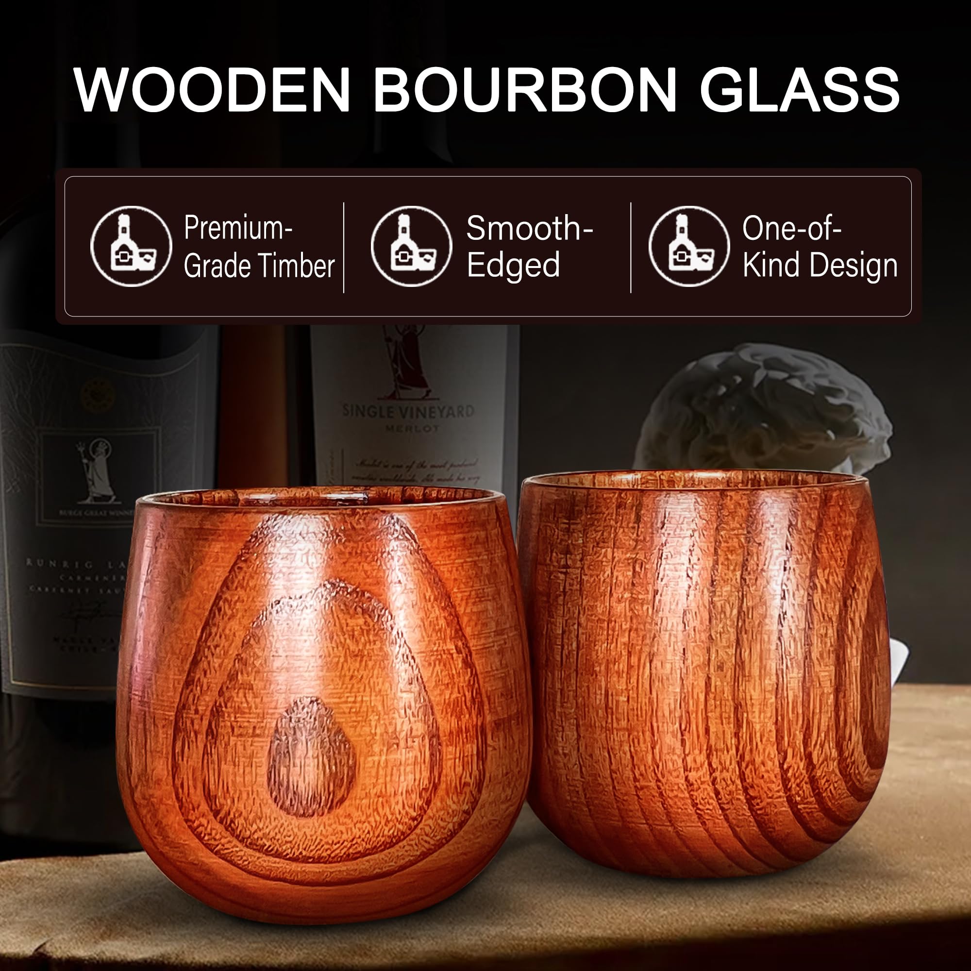 Wooden Bourbon Drinking Glass, Bourbon Gifts for Men - Wooden Old Fashioned Glasses Set Whiskey Tumbler | Birthday Whiskey Gifts for Men, Dad or Brother | Handcrafted Whiskey Wooden Tumbler(2 Pack)