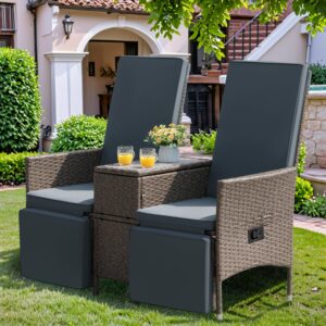 Devoko Patio Recliner Loveseat Chair, Adjustable Backrest Wicker Conversation Set with Table,Thick Cushion, Outdoor & Indoor Patio Recliners for Balcony, Porch, Living Room