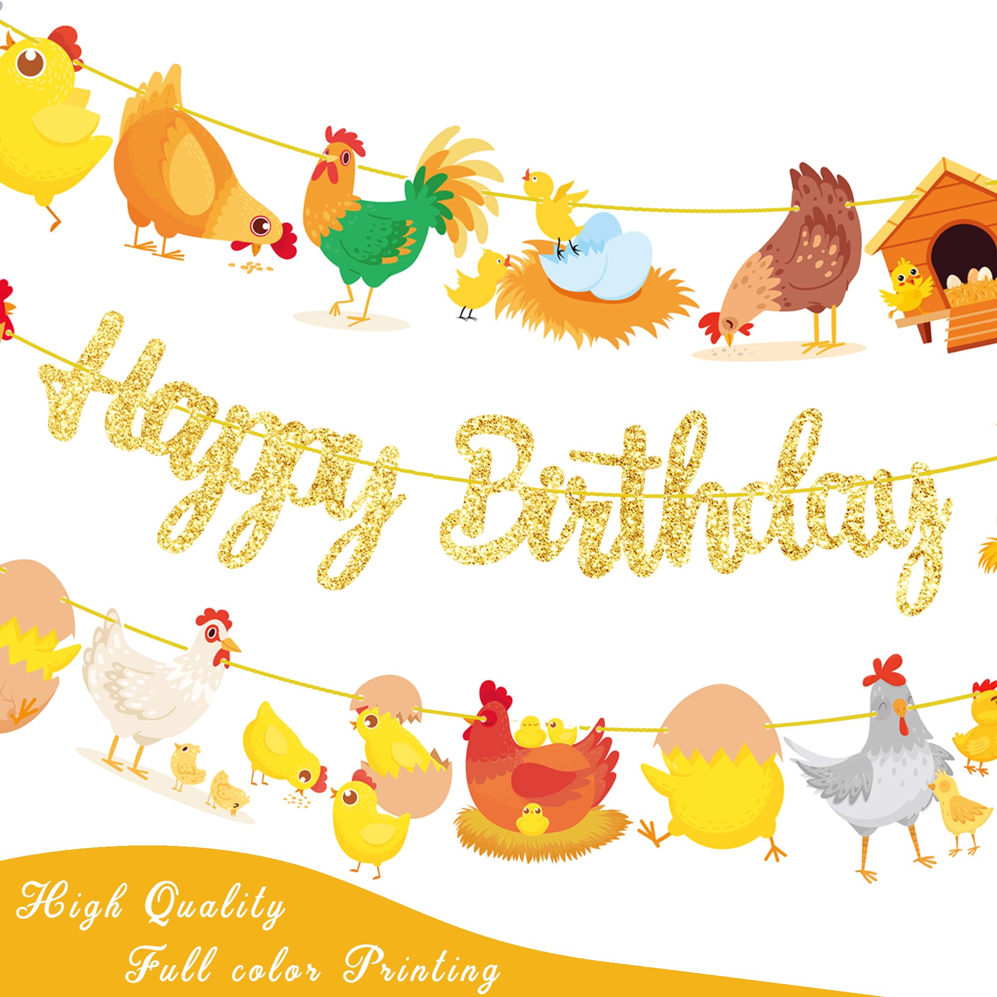 Chicken Birthday Banners 3PCS Chicken Birthday Party Decorations Glitter Gold Chicken Farm Birthday Party Supplies for Chick Backyard Theme Baby Shower Decorations