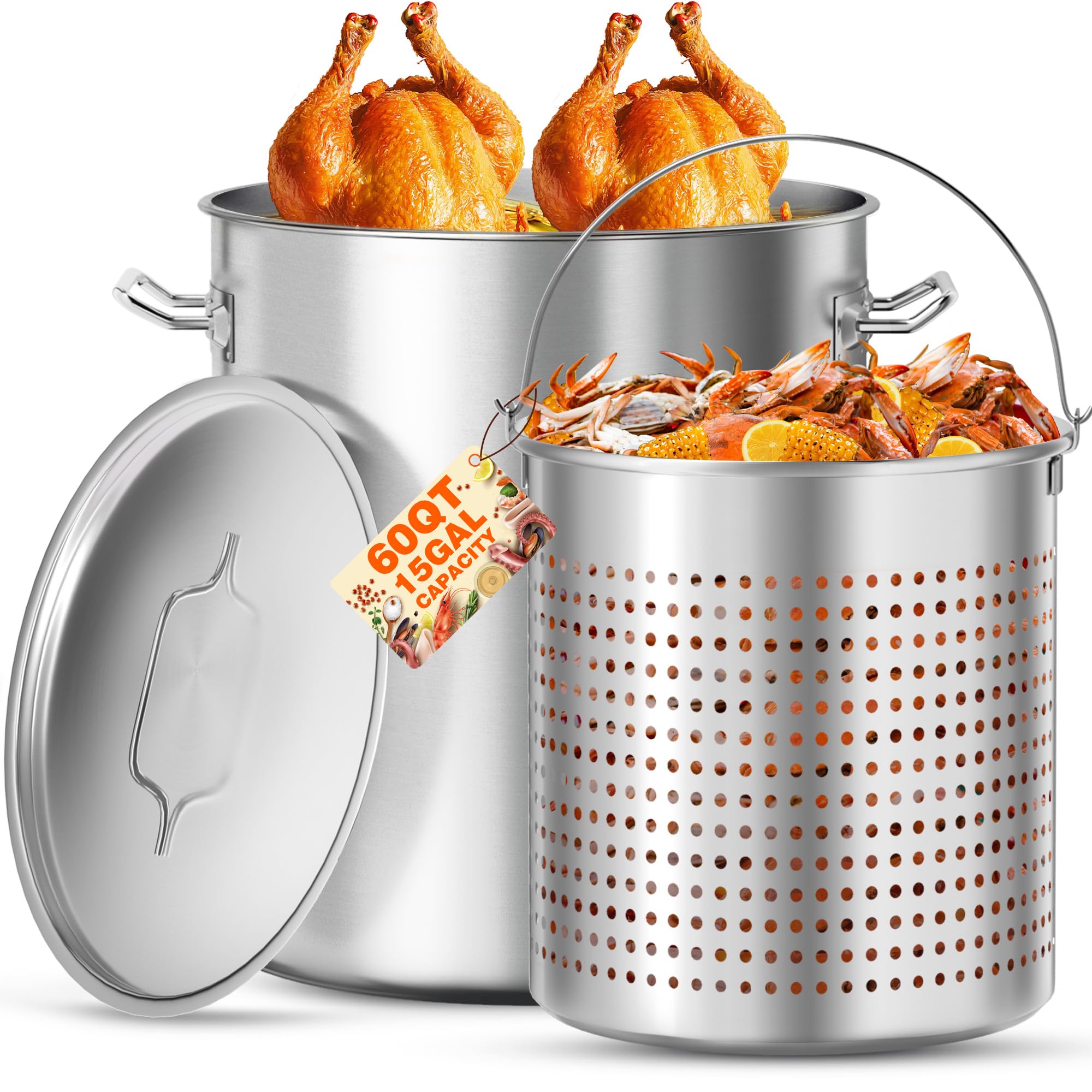 PYY Turkey Fryer with Basket & Lid - 60qt Boil Pot Stainless Steel Crab Lobster Crayfish Shrimp Stock Pot Boiler Deep, Fried Cooker for Commercial Outdoors or Gatherings, 15.7 * 17.3"