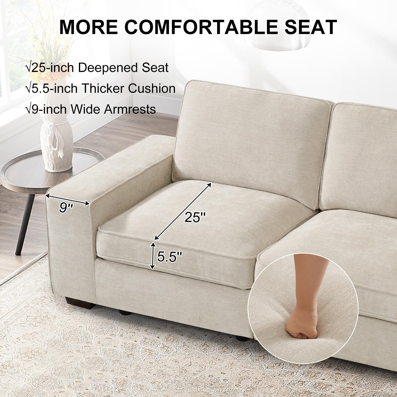 100.5" Modular Sectional Sofa with Seat Storage,Modern Chenille Couch 3 Seater Sofas for Living Room,Extra Wide Armrest,Side Pockets,Washable Sofa Cover and Solid Wood Frame, Easy to Install(Beige)