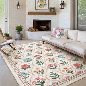 LIVEBOX Beige Living Room Rug 8x10, Soft Ultra-Thin Retro Rugs for LivingRoom, Thin Non-Slip Cream Rug for Bedroom, Low-Pile Floral Boho Rug for Dining Room(8 x 10ft, Beige/Multi)