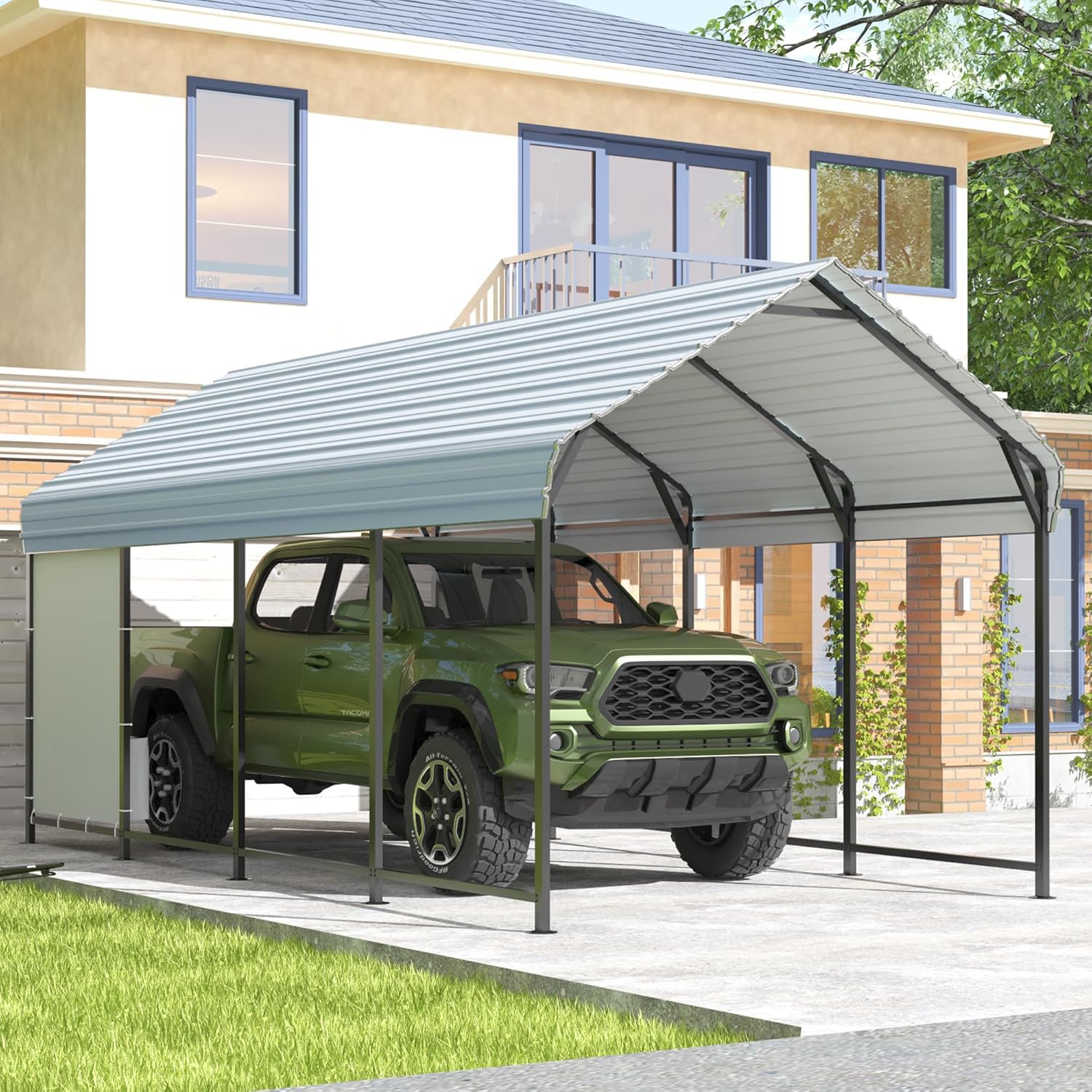 Sundale Outdoor Metal Carport 10' x 20', Heavy Duty Canopy for Garage, Car Garage Shelter with Galvanized Metal Roof and Two Bibs with Pockets for Jeep and Boat, Grey