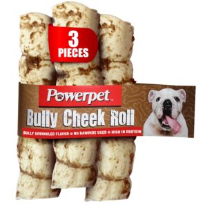 powerpet treats bully beef cheek rolls for dogs - 100% natural & highly digestible - high protein, low fat - no rawhide - soft & thick chew treat - good dental hygiene - bully sprinkled flavor - 3pc