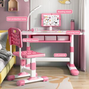 Shulemin Kid Desk and Chair Set Student Desk and Chair Set Study Table for Kids Kids Adjustable Desk Tiltable Desktop Toddlers Writing Table Boys Desk Girl Desk with Extra Large Drawer Pink