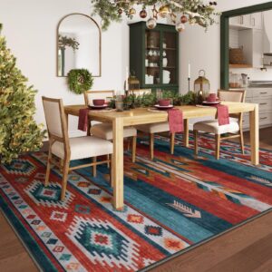 LIVEBOX Washable Native American Christmas Rug 8x10 - Soft Western Rugs for Living Room Thin Non-Slip Rug for Bedroom, Throw Carpet Southwestern Large Rugs for Living Room,(8 x 10 ft, Red Multi)