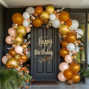 NISOCY Thanksgiving Fall Balloons Garland Arch Kit, 129PCS Burnt Orange Pastel Orange Gold and White Sand Balloons Kit for Fall Baby Shower Birthday ThanksGiving Pumpkin Themed Party Decorations