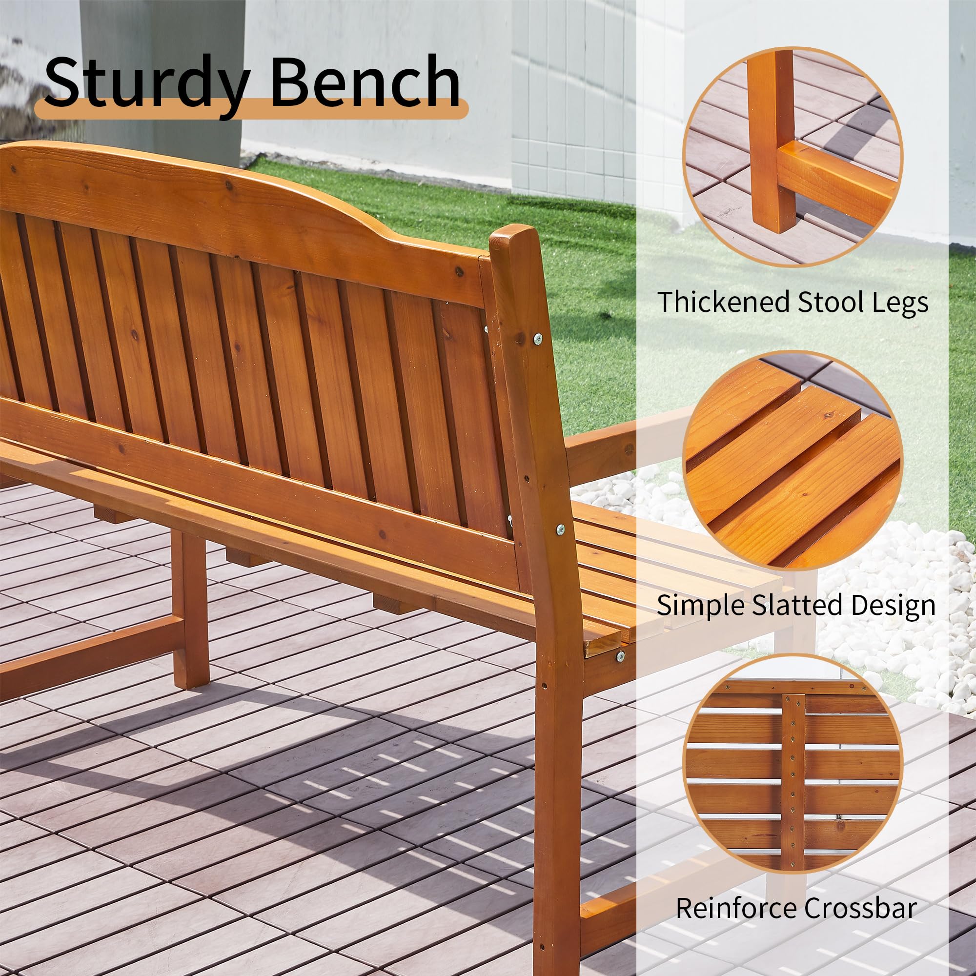 Sunnibety Outdoor Bench Weatherproof, 2-Person Solid Wood Garden Bench for Outdoors, Park Bench for Outside Patio Porch Poolside Balcony, 47.4" W x 20.6" D x 36.2" H (Natural)