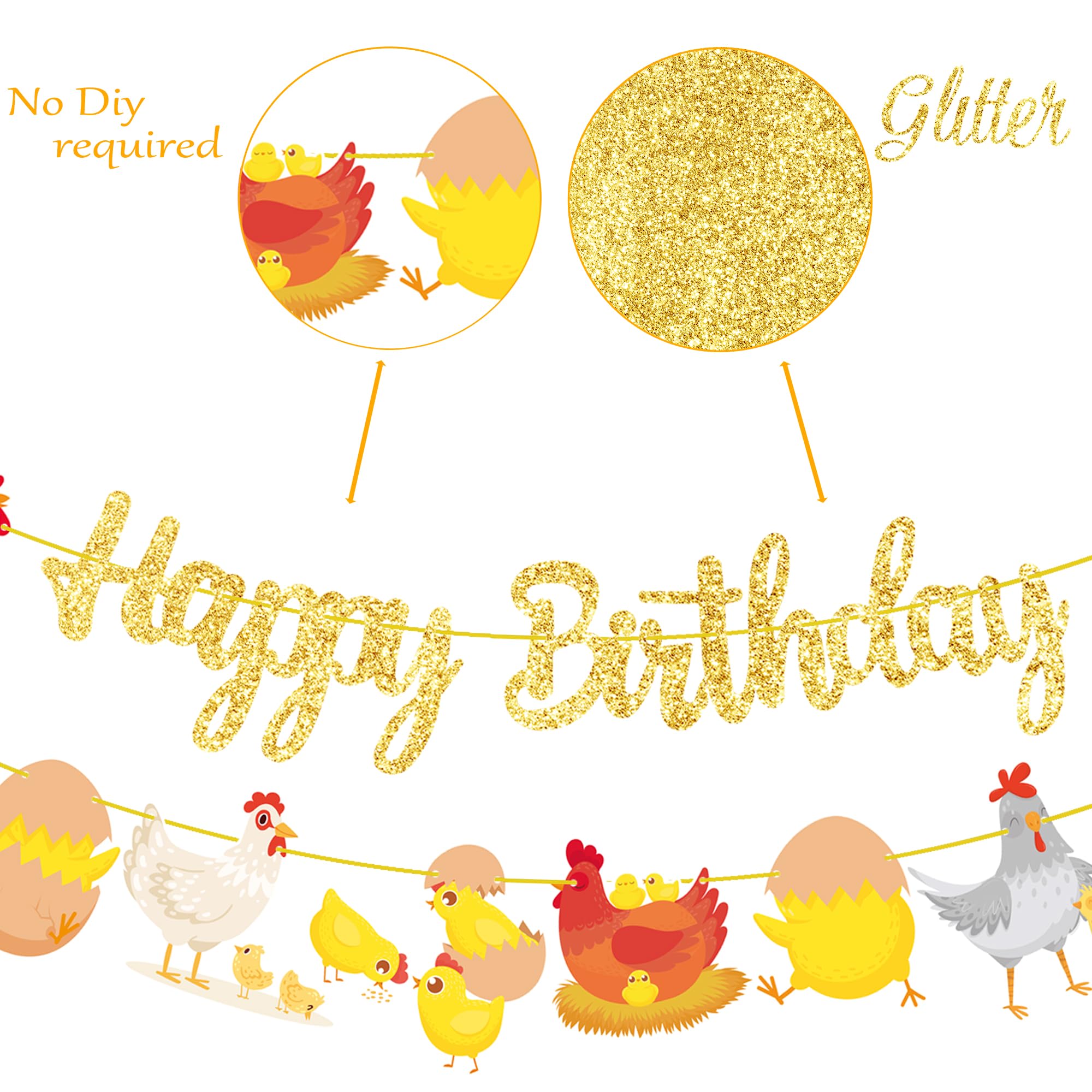 Chicken Birthday Banners 3PCS Chicken Birthday Party Decorations Glitter Gold Chicken Farm Birthday Party Supplies for Chick Backyard Theme Baby Shower Decorations