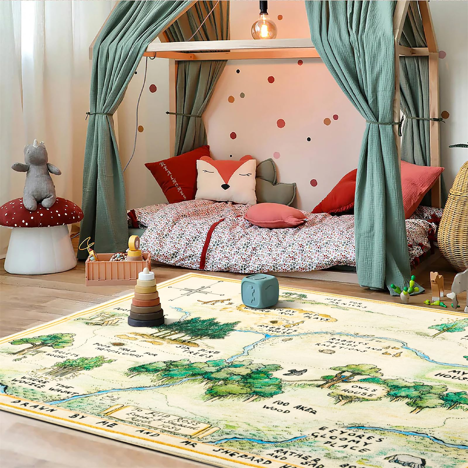 Estmy 4x6 Cute Woodland Nursery Rugs for Girls Boys Neutral Non Slip Washable, Stain Resistant Soft Shaggy Cartoon Fun Map Kids Playroom Rug, Vintage Whimsical Retro Area Rugs Carpet for Kids Bedroom