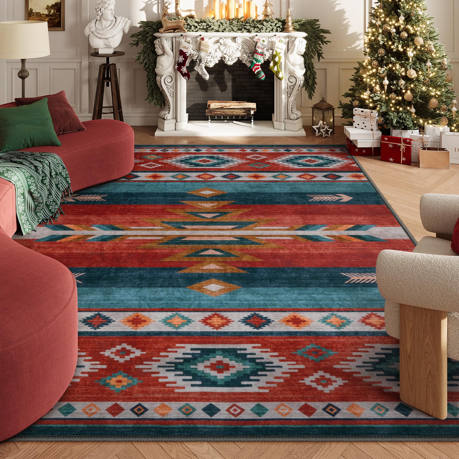 LIVEBOX Washable Native American Christmas Rug 8x10 - Soft Western Rugs for Living Room Thin Non-Slip Rug for Bedroom, Throw Carpet Southwestern Large Rugs for Living Room,(8 x 10 ft, Red Multi)