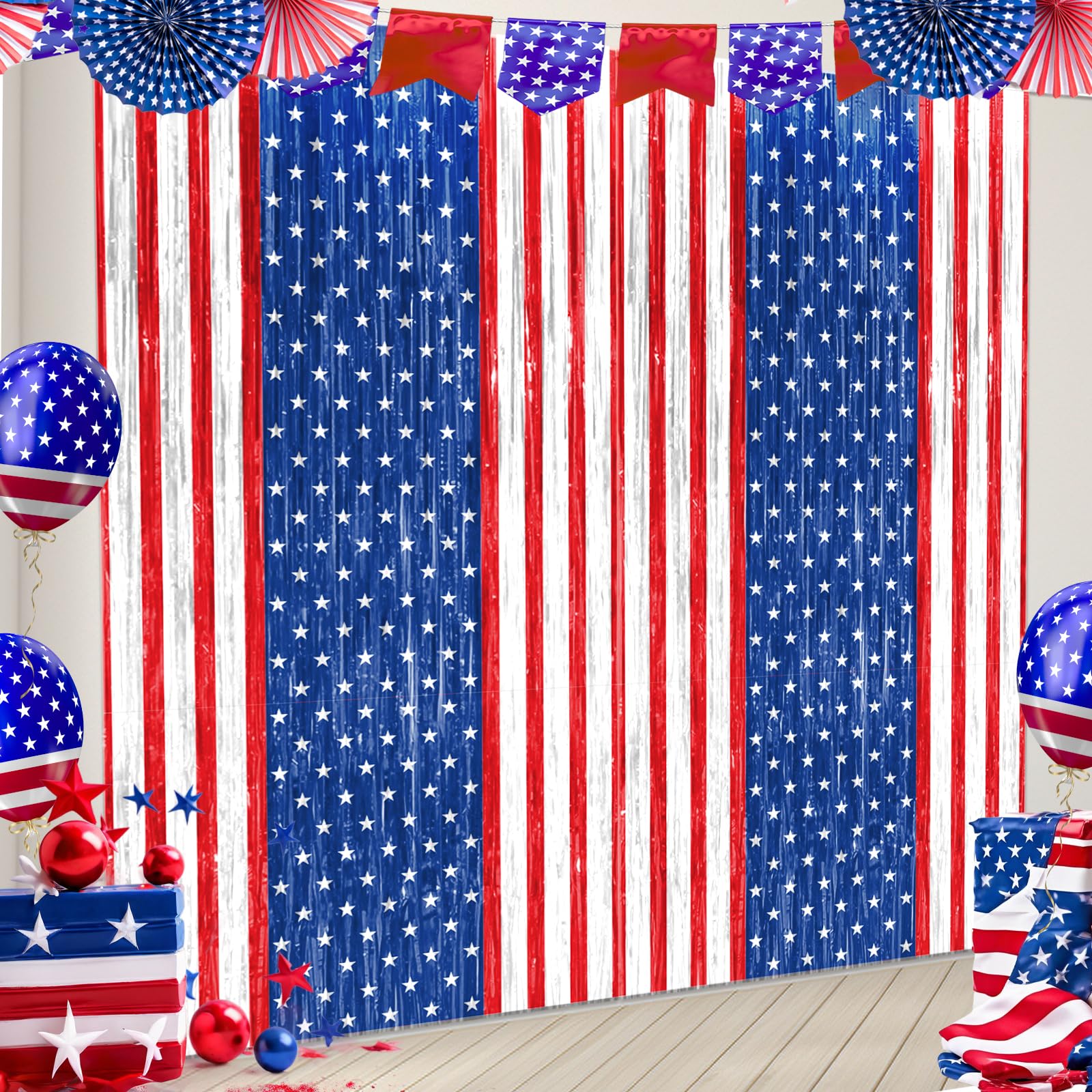 Patriotic Party Decorations, Red White Blue 2 Pack America Tinsel Foil Fringe Curtains Patriotic Backdrop for Independence Day Memorial Day Labor Day Veteran Party Patriotic Party Photo Booth Prop