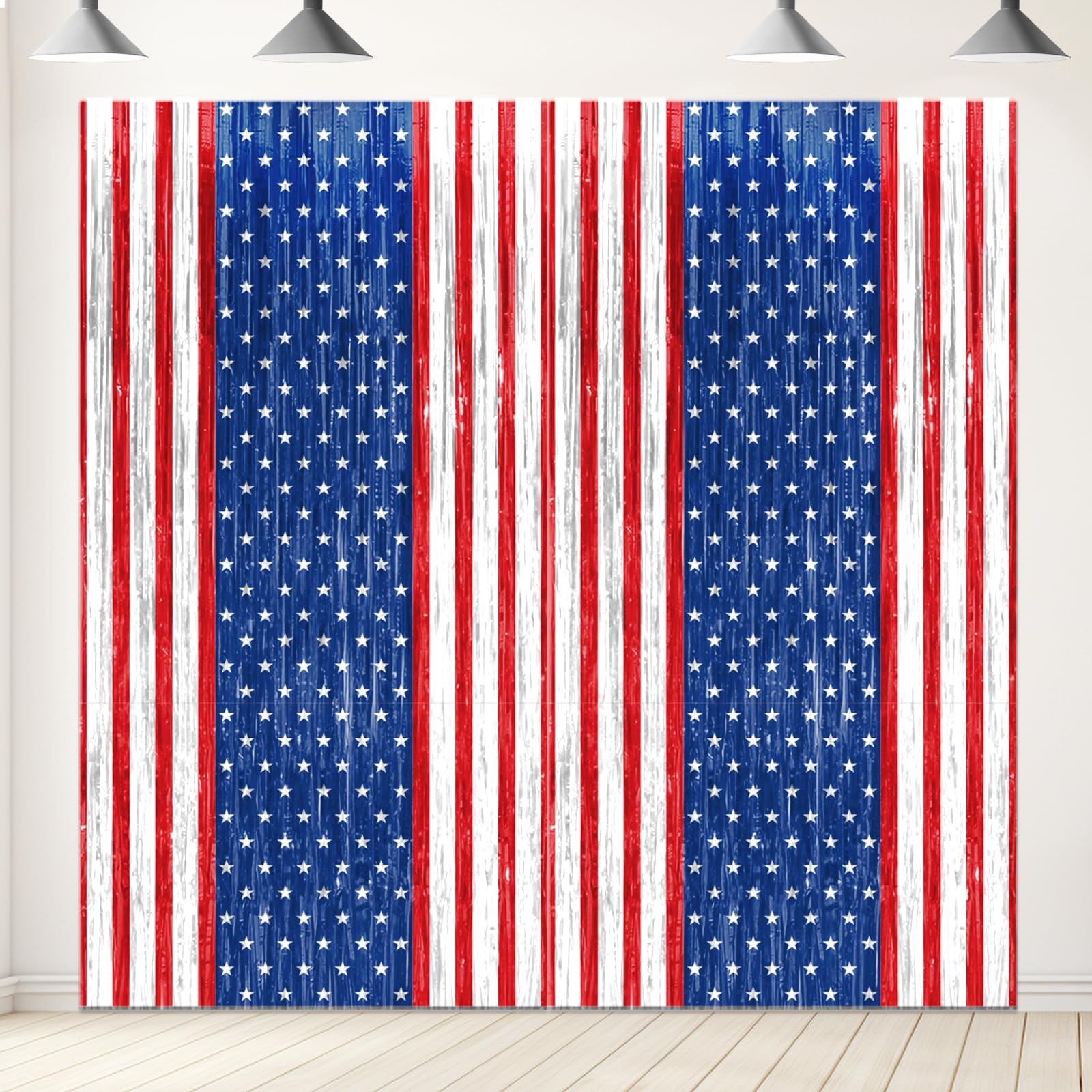 Patriotic Party Decorations, Red White Blue 2 Pack America Tinsel Foil Fringe Curtains Patriotic Backdrop for Independence Day Memorial Day Labor Day Veteran Party Patriotic Party Photo Booth Prop