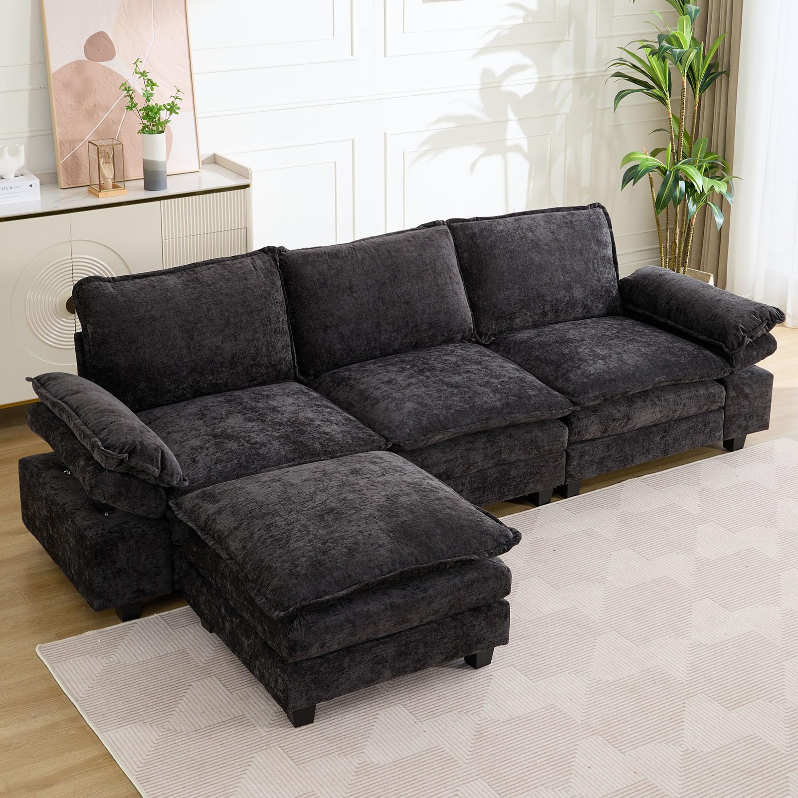 IPKIG Modular Sectional Sofa Cloud Couch - Chenille Convertible L Shaped Sofa Couch with Adjustable Armrest, Movable Ottoman, Comfy Upholstered 3-Seater Sofa for Living Room/Small Space (Black)