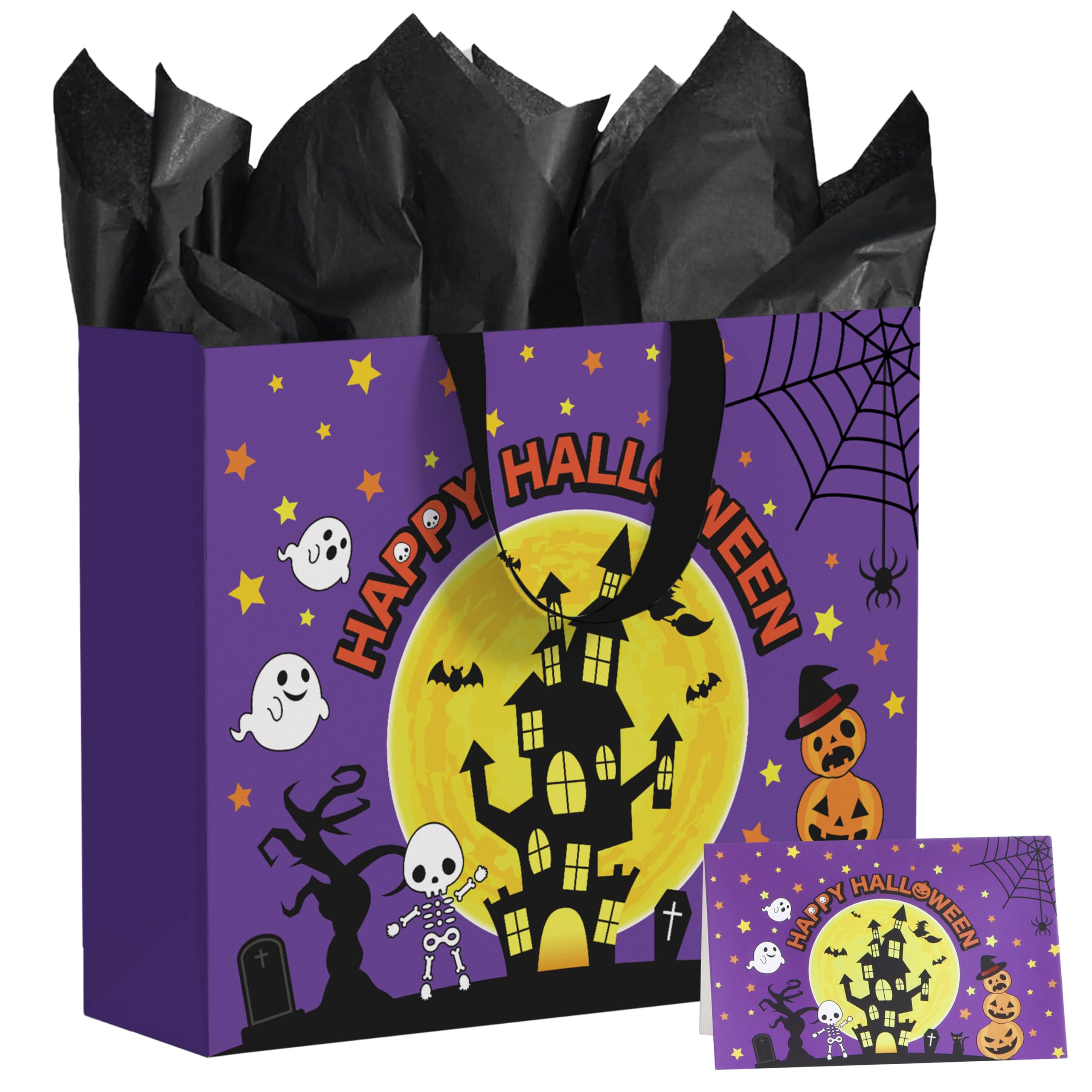 JEWOU Purple Halloween Party Gift Bag Halloween Birthday Gift Bag with Tissue Paper and Card Halloween Night Pumpkin Cat Ghost Wrapping Bat-Themed Favor Bag Halloween Wrapping Paper for Trick or Treat