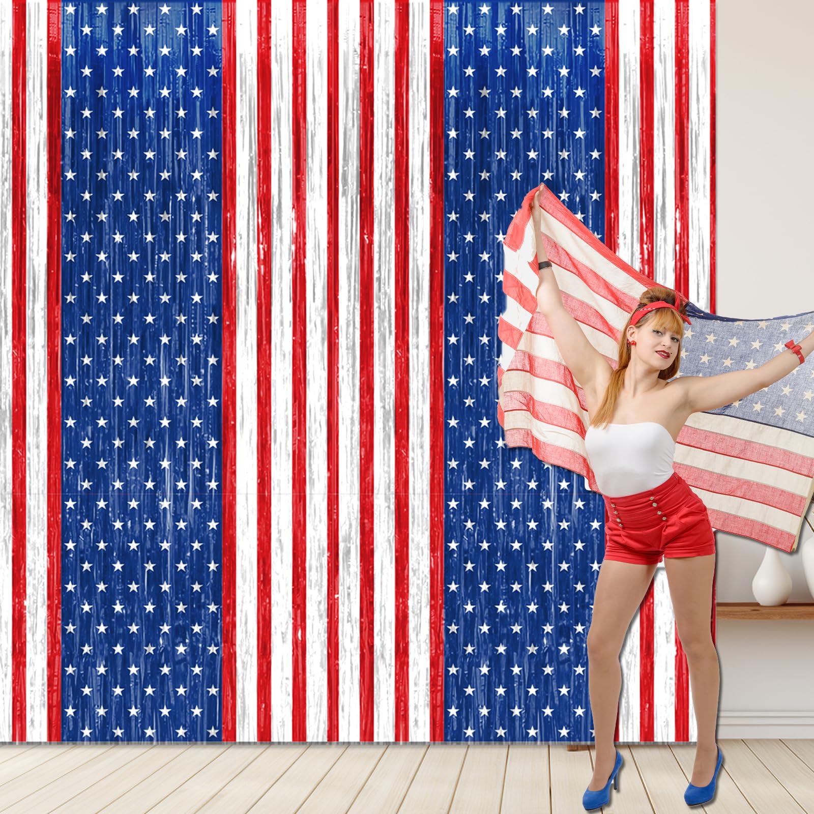 Patriotic Party Decorations, Red White Blue 2 Pack America Tinsel Foil Fringe Curtains Patriotic Backdrop for Independence Day Memorial Day Labor Day Veteran Party Patriotic Party Photo Booth Prop