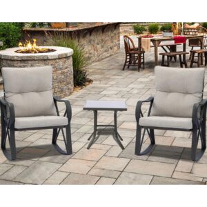 SUNBURY Outdoor 3-Piece Rocking Bistro Set, Modern Patio Furniture Set w Warm Gray Cushion, Glass Coffee Table, Small Rocker Conversation Set Patio Table and Chairs Set for Garden, Backyard