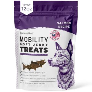 chew + heal labs dog salmon jerky treats for hip and joint - 12 oz of mobility soft dog jerky treats - made with alaskan salmon, turmeric, glucosamine, chondroitin, green lipped mussel, and more