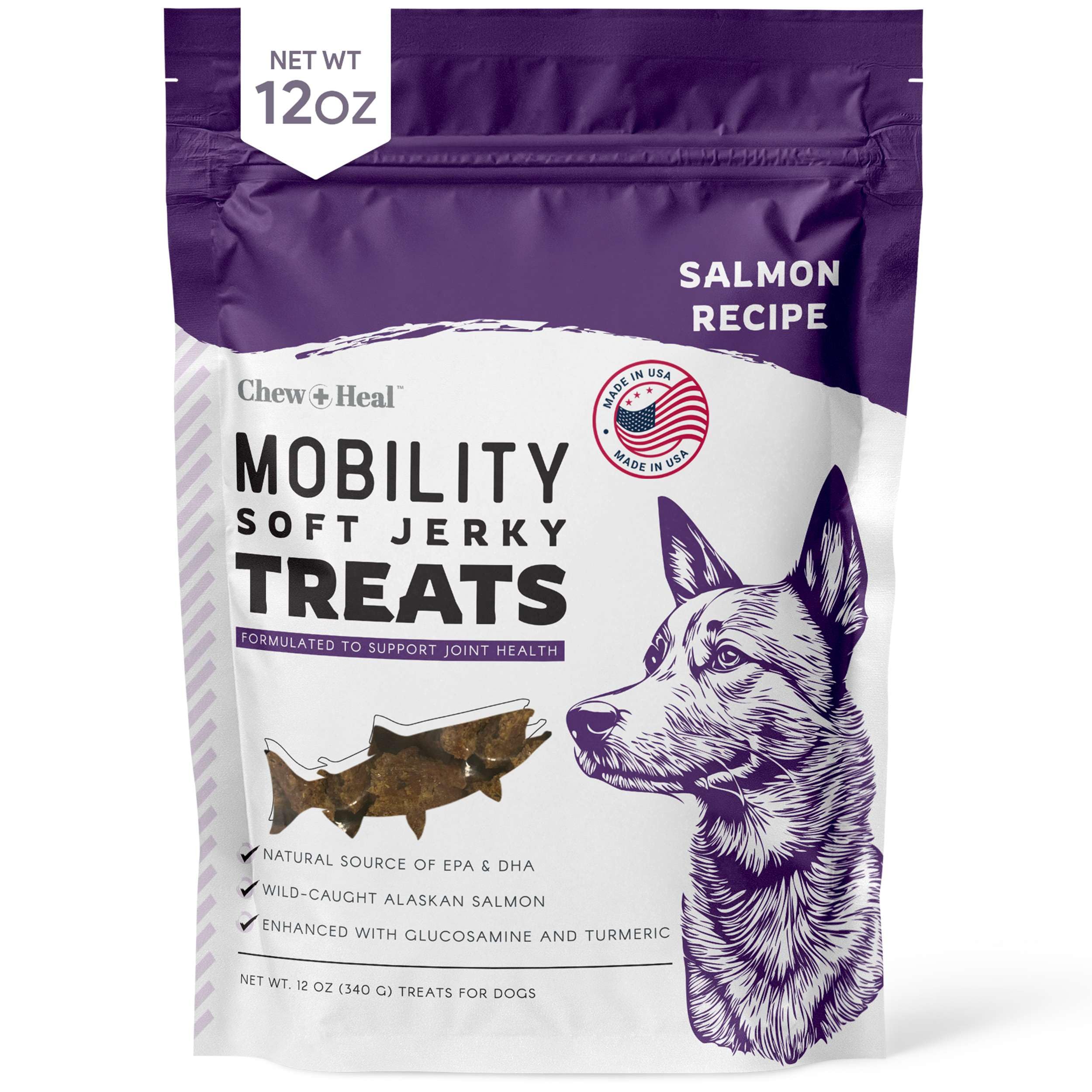 Chew + Heal Labs Dog Salmon Jerky Treats for Hip and Joint - 12 oz of Mobility Soft Dog Jerky Treats - Made with Alaskan Salmon, Turmeric, Glucosamine, Chondroitin, Green Lipped Mussel, and More