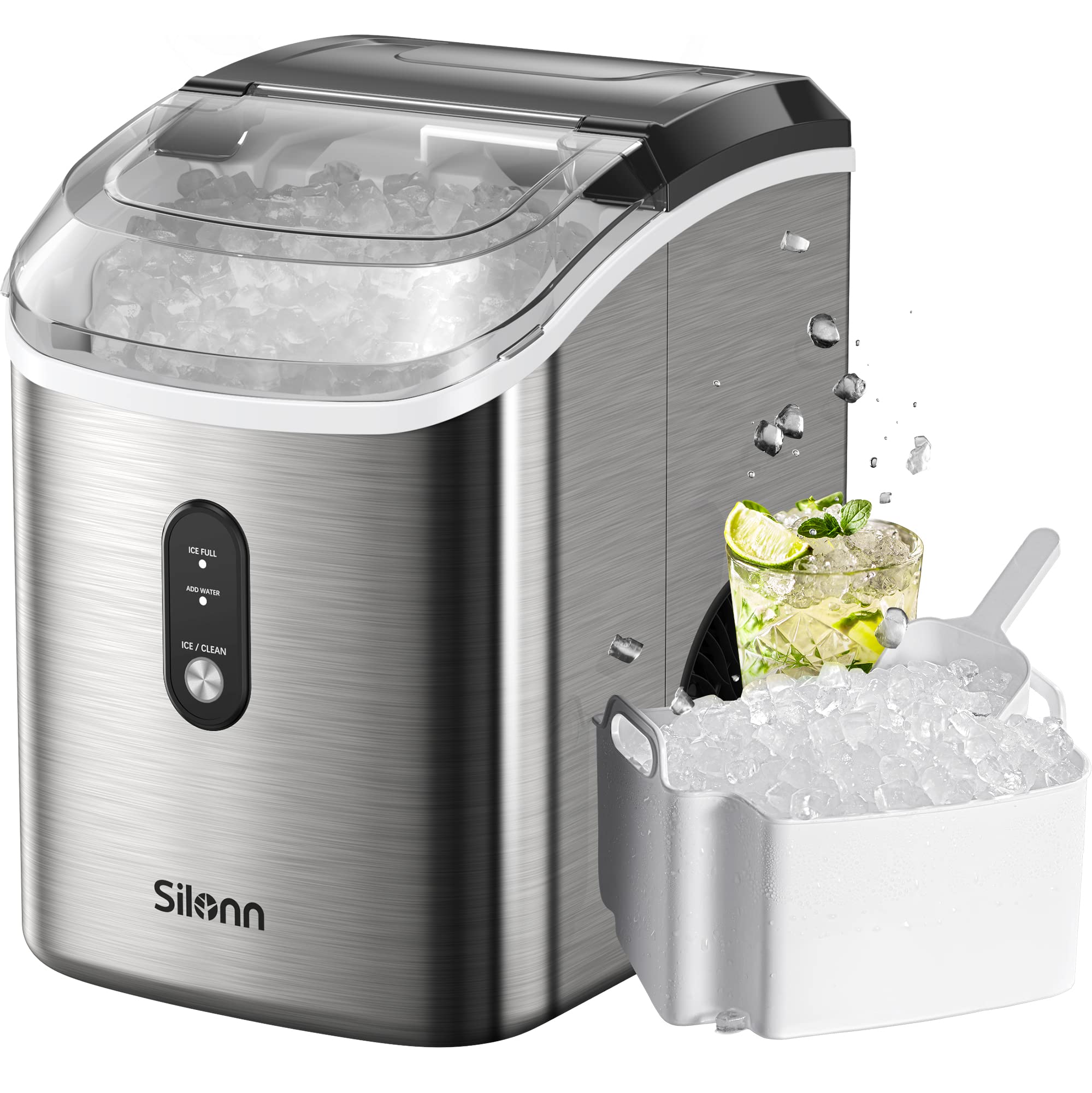 Nugget Ice Maker Countertop, Silonn Chewable Pellet Ice Machine with Self-Cleanin Function, 33lbs/24H Portable Ice Makers for Home Kitchen Officce, Stainless Steel