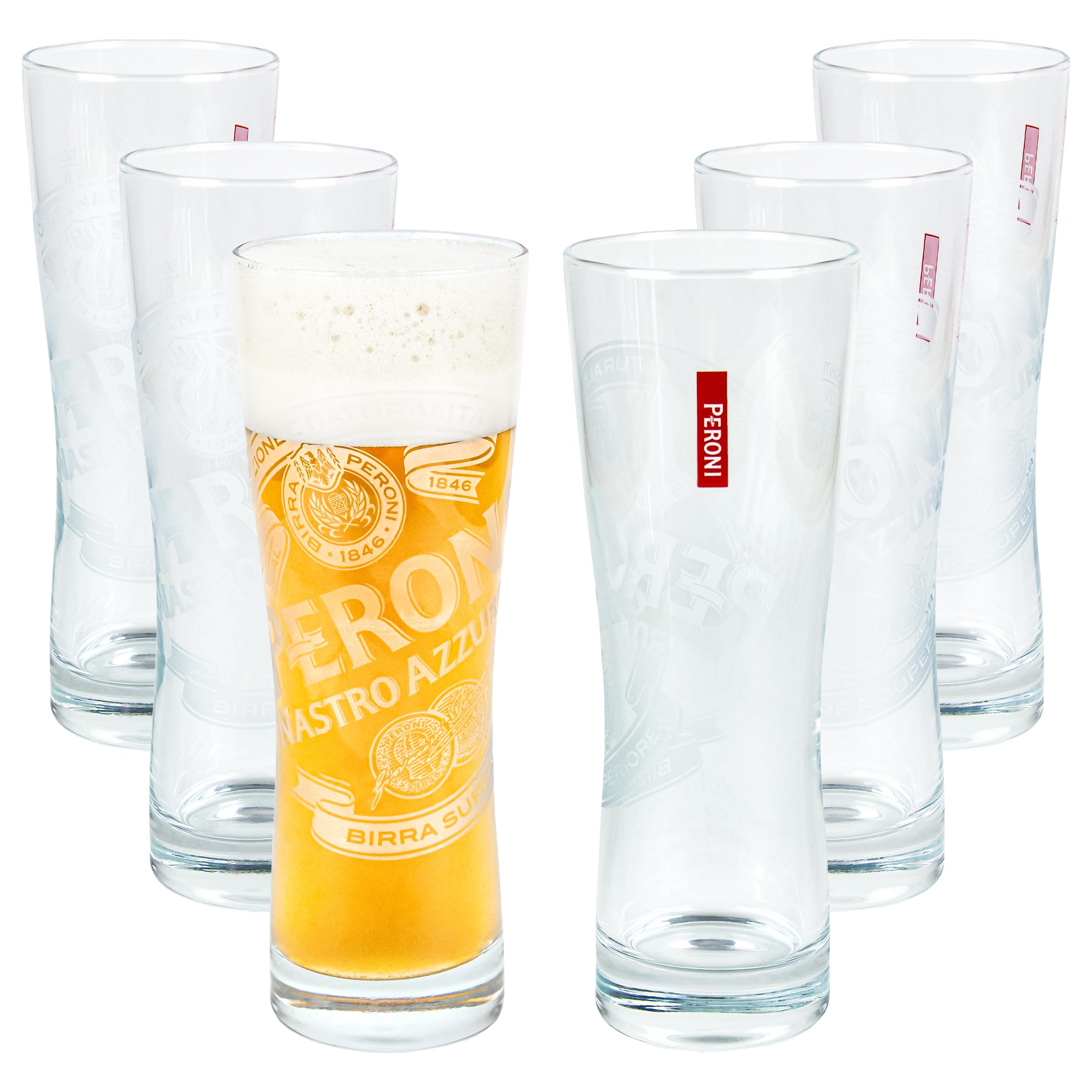 Peroni Beer Glasses | Premium Italian Drinking Glasses | Dishwasher Safe | Perfect for Serving Italian Lagers, Craft Beers and Pilsners | 6.76 Oz (0.2 Liters) Capacity - Set of 6