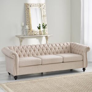 keiki 84" sofa couch 3-seater with button-tufted fabric,mid century modern design chesterfield style, beige