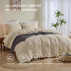 Simple&Opulence Linen Cotton Muslin Duvet Cover Set Queen Size, 3Pcs Khaki Ultra Soft Breathable 3-Layer Gauze Minimalist Comforter Cover, Seersucker Bedding Set with Zipper Closure for All Seasons