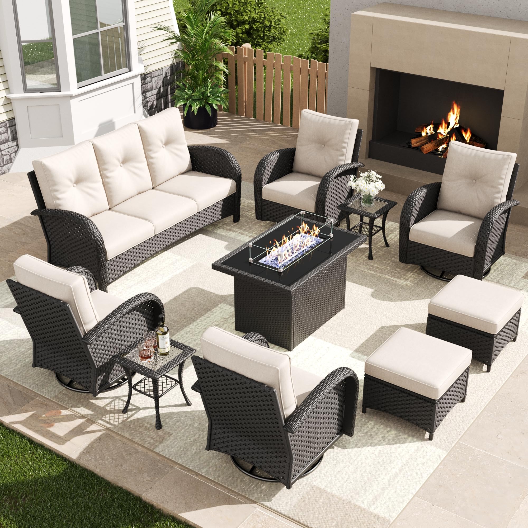 KHOLH Outdoor Patio Furniture Sets with Fire Pit Table 10 Pieces Wicker Swivel Rocker Chairs and Sofa Sets for Backyard Deck