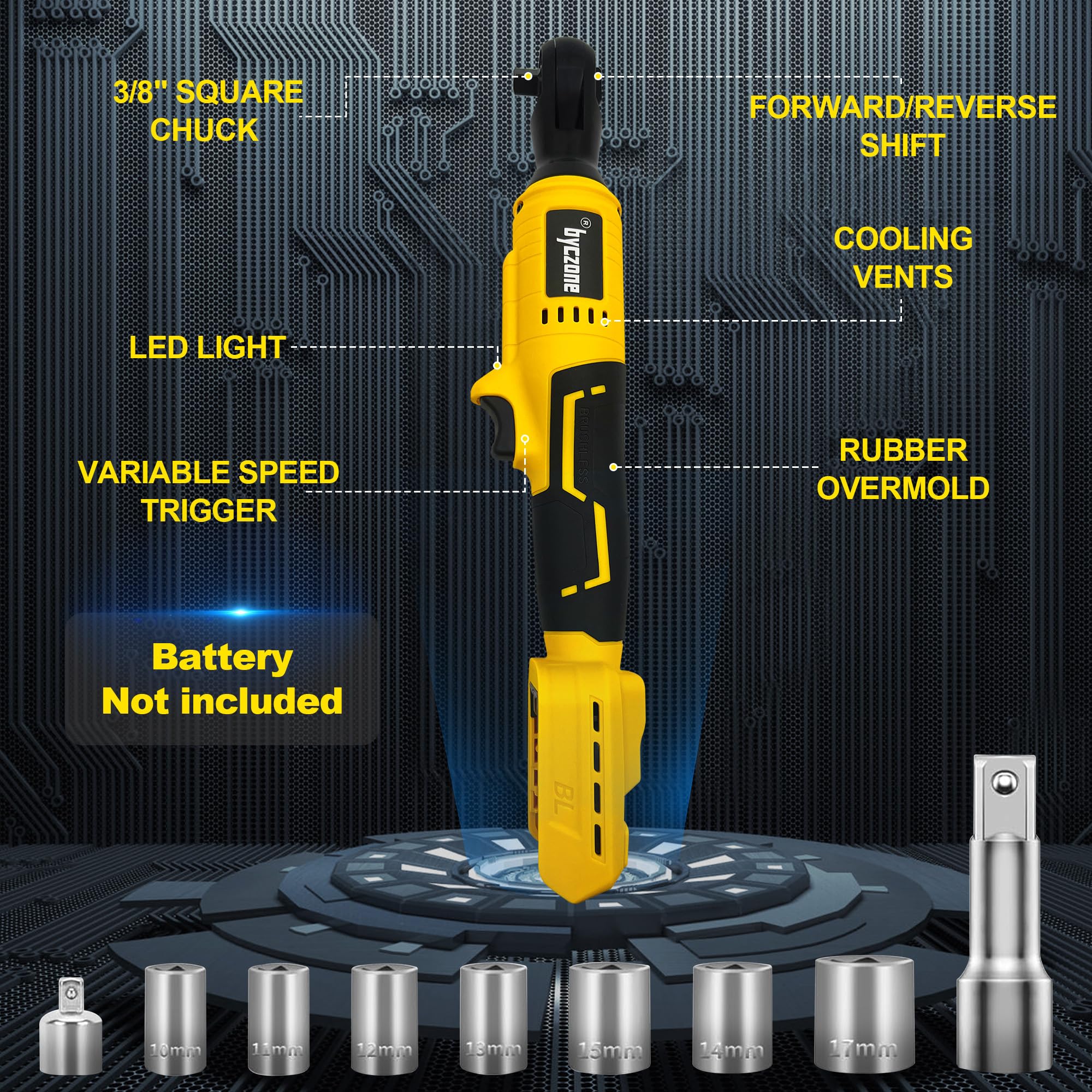 3/8" Brushless Ratchet Wrench Compatible with DEWALT 20V Battery, 74Ft-Lbs Electric Cordless Ratchet, Square Drive Wrench with Variable Speed, 1/4" Adapter, 3" Extension Bar & 7 Sockets (Tool Only)