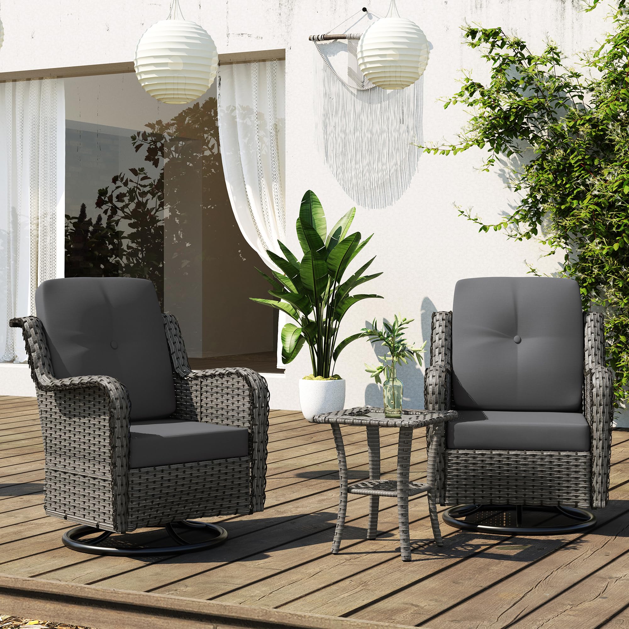 UIXE 3 Pieces Outdoor Swivel Rocking Chairs Patio Furniture Sets, PE Wicker Patio Swivel Rocker Chair Glider Bistro Set with Side Table & Thick Cushions for Porch, Pool, Deck, Garden - Dark Gray