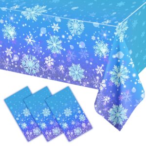 3 pcs christmas winter snowflake plastic frozen tablecloth decorations, blue gradient snowflake winter wonderland disposable table cover for holiday frozen birthday party decorations,54 x 108 inch