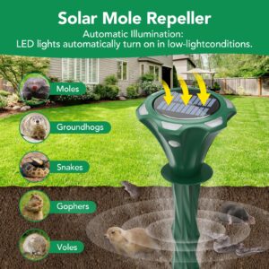 Mole Repeller Solar Powered 2 Pack, Waterproof Motion Detection LED Flash Light, Raccoon Deterrent, Gopher Control Ultrasonic Solar Powered for Yard Garden Lawns Get Rid of Mole, Vole